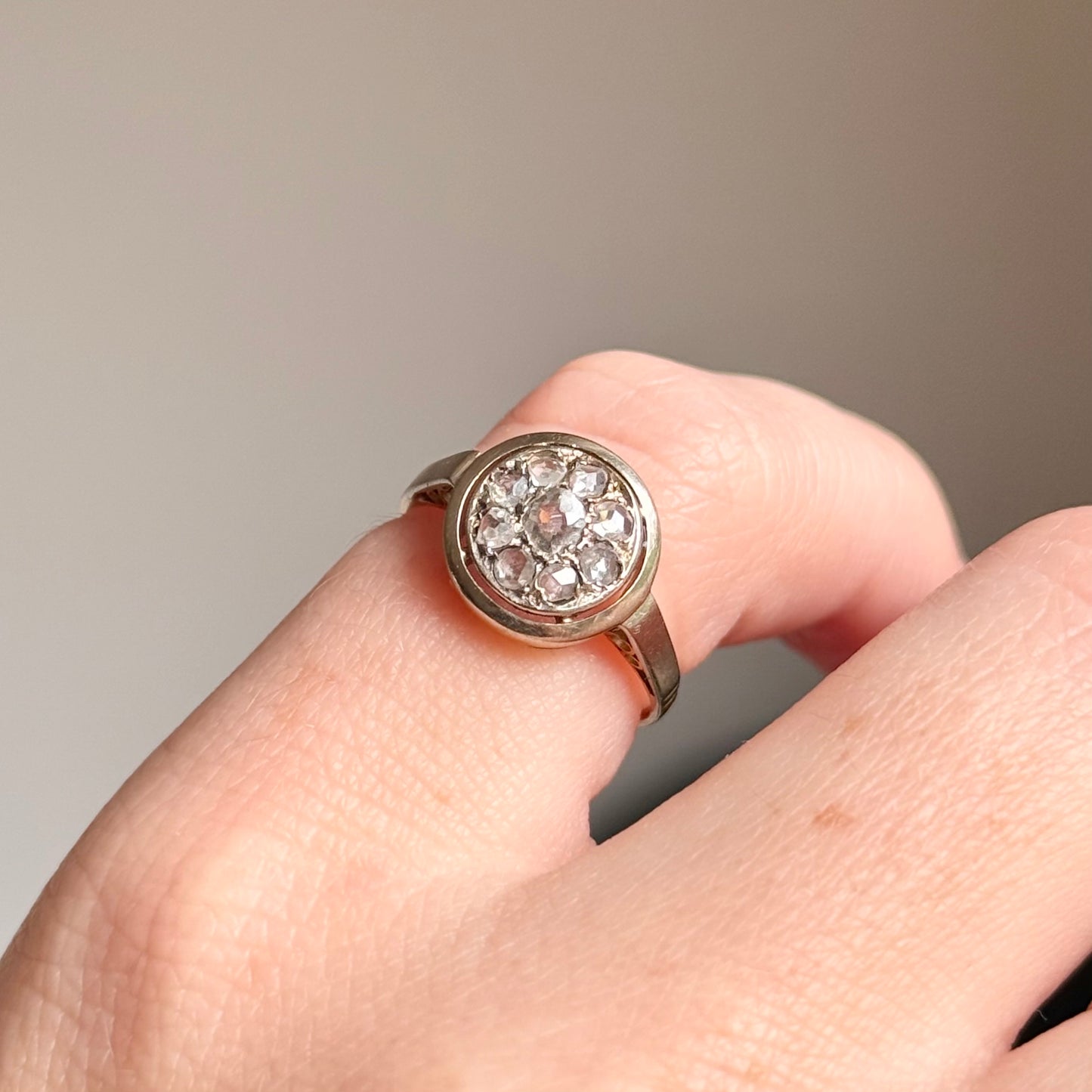 Antique Rose Cut Cluster Ring in 9 Carat Gold; Circa 1895