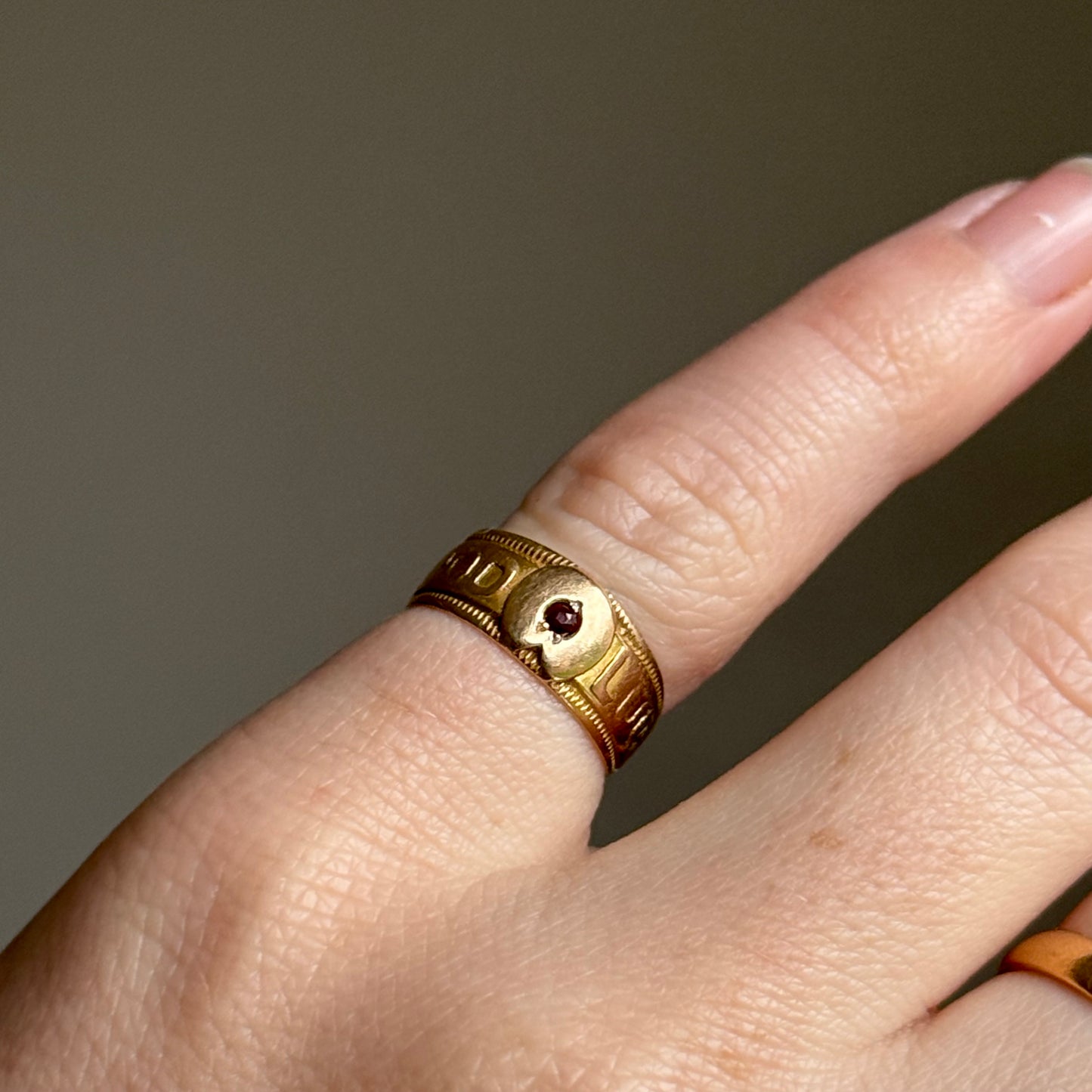 Antique Victorian Good Luck Garnet Ring in 18 Carat Gold; Circa 1855