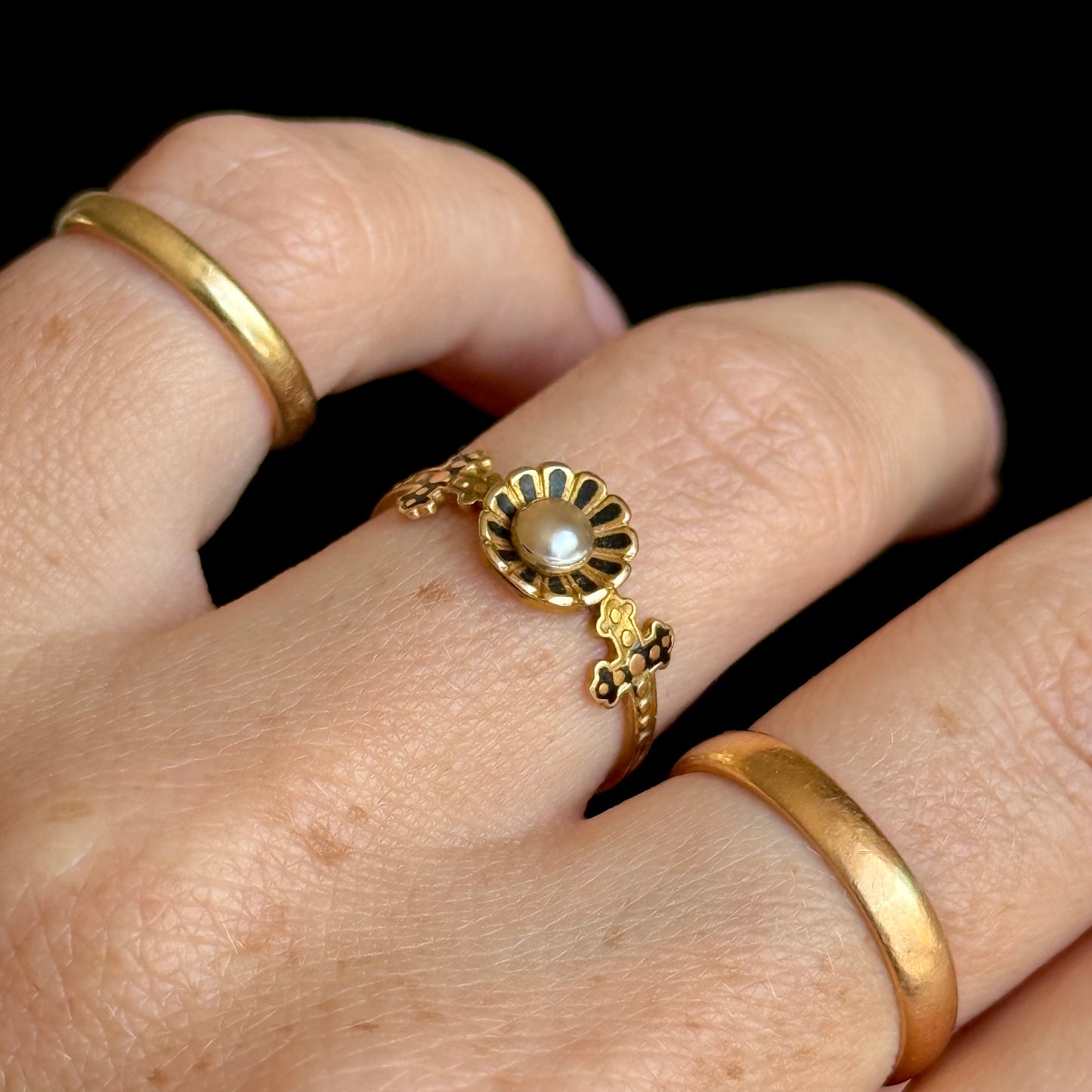 Antique Victorian Pearl & Enamel Ring; Circa 1850