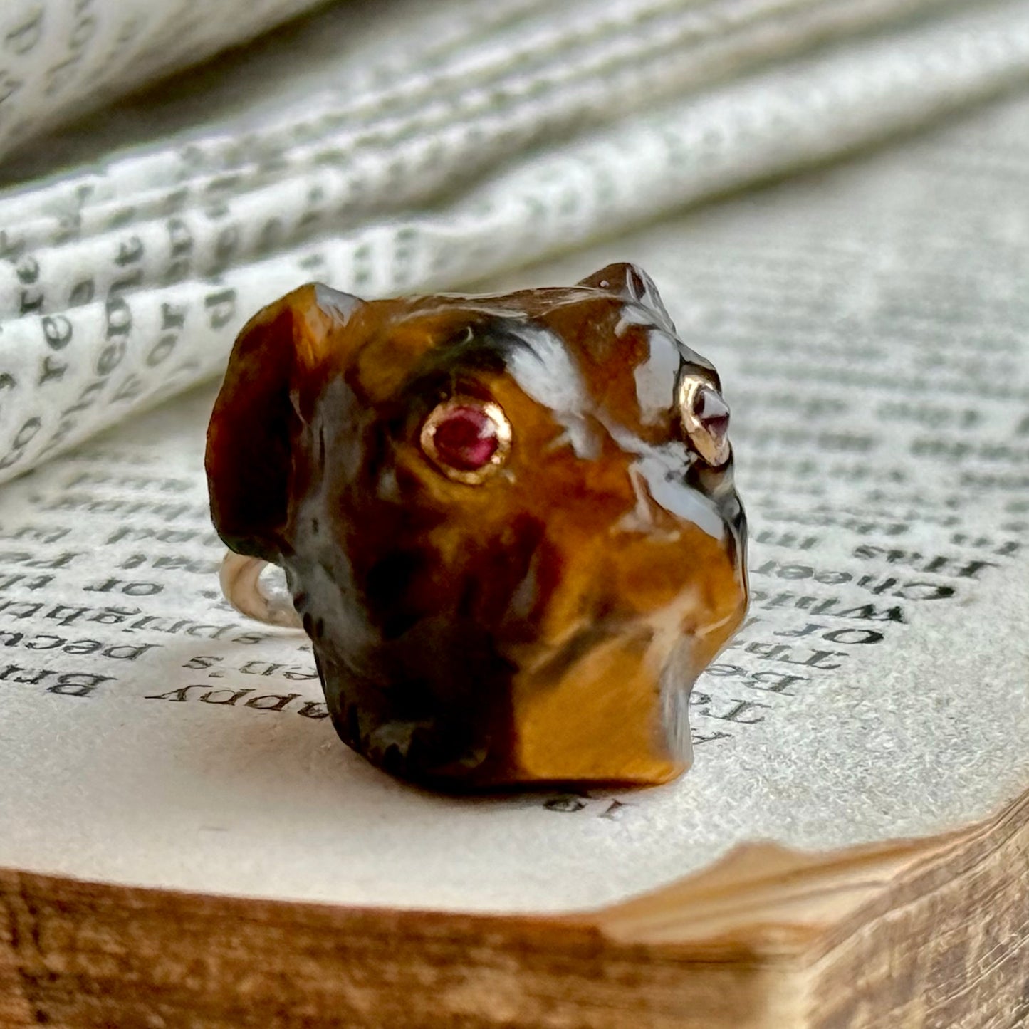 Antique Carved Tiger's Eye Pug Pendant With Ruby Eye's