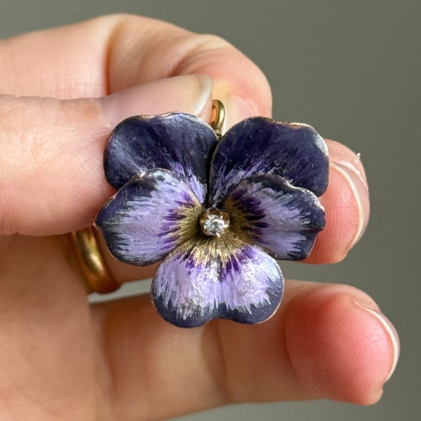 Victorian Enamel Pansy Diamond Pendant in 14 Carat Gold; Circa 1900