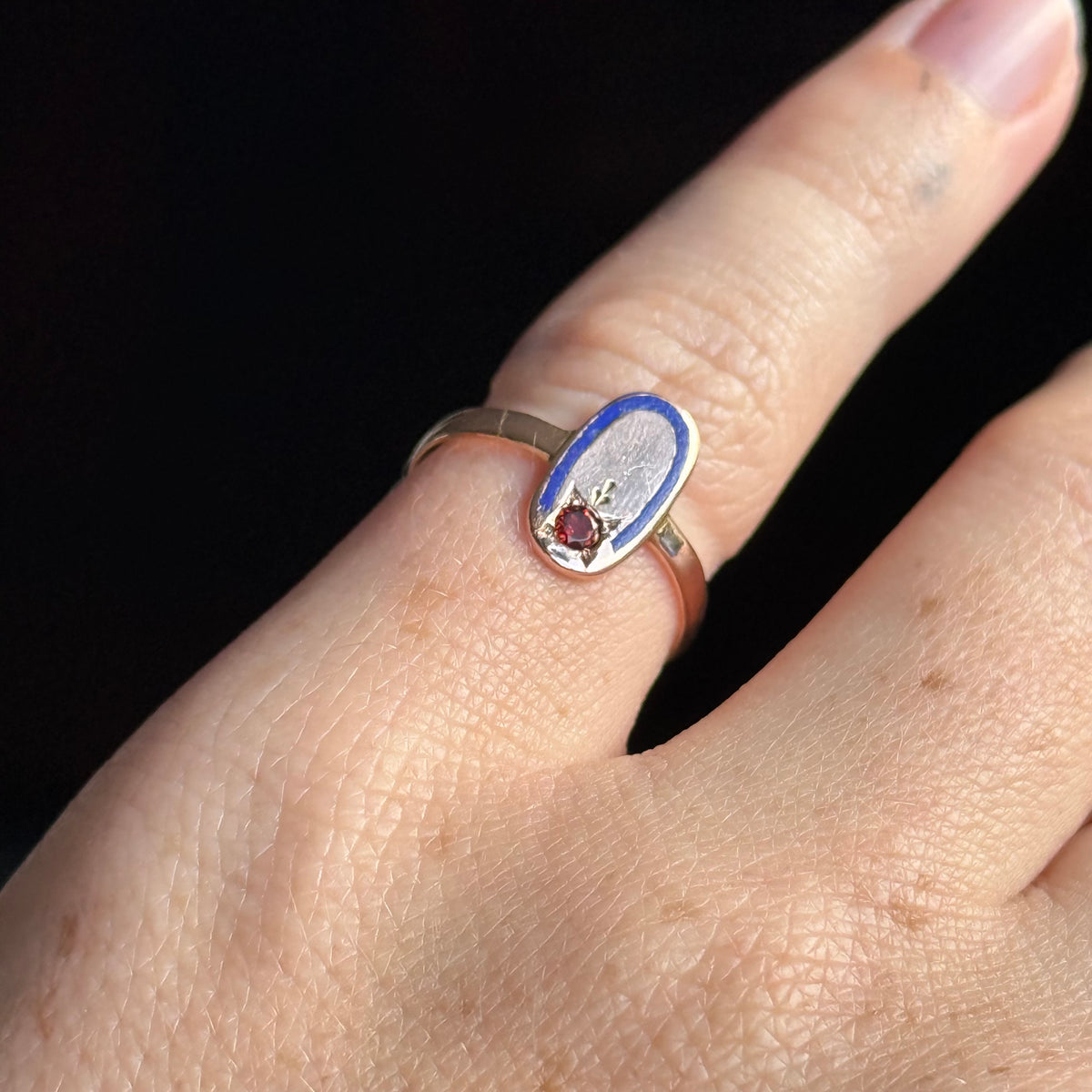 Antique Garnet & Enamel Ring in 9 Carat Gold; Circa 1910