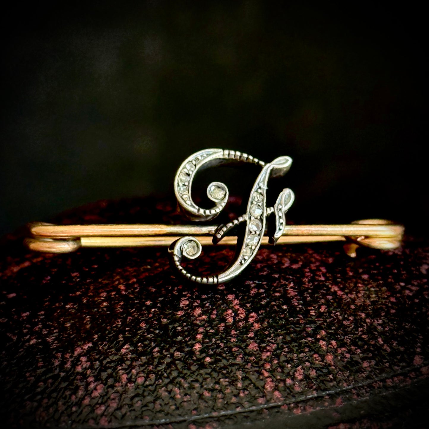 Antique Diamond Letter 'F' brooch in 9 Carat Gold
