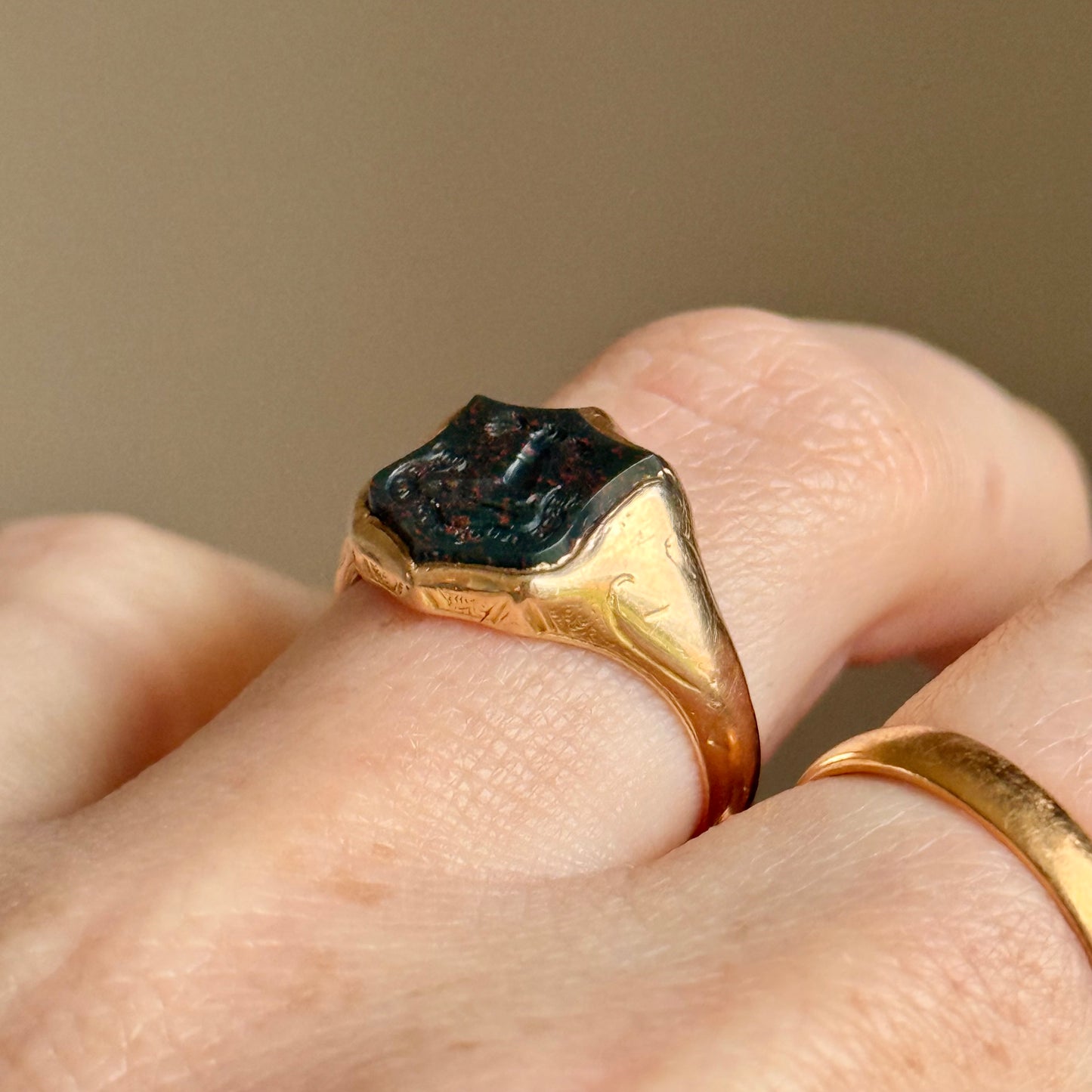 Antique Victorian Bloodstone Intaglio Signet Ring in 9 Carat Gold