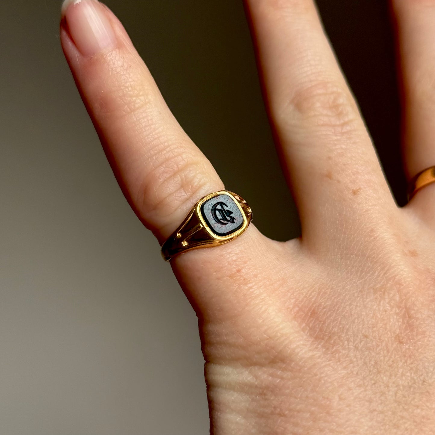 Antique Bloodstone 'E' Signet Ring in 18 Carat Gold