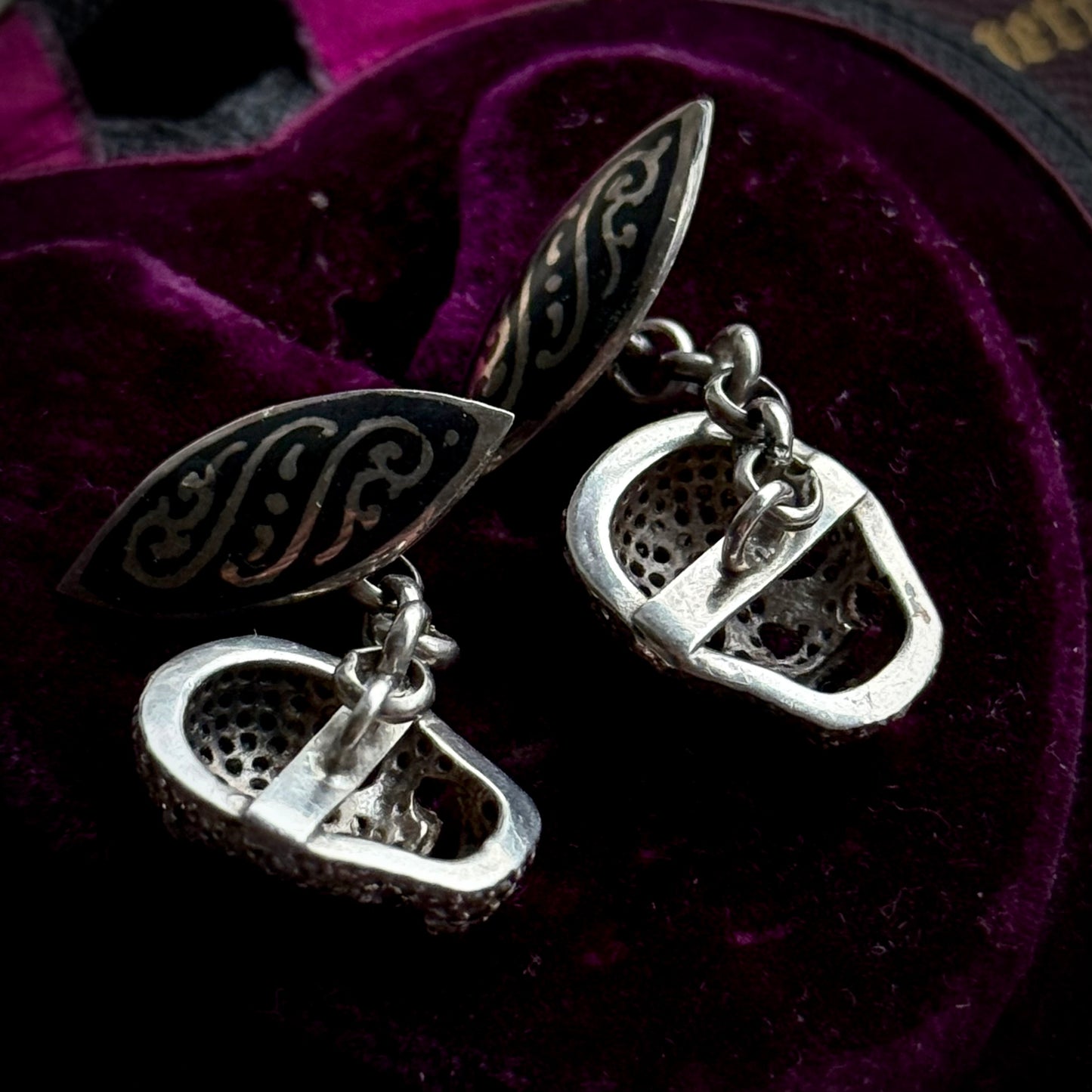 Preloved Silver & Diamond Skull Cufflinks with Black Enamel Detail