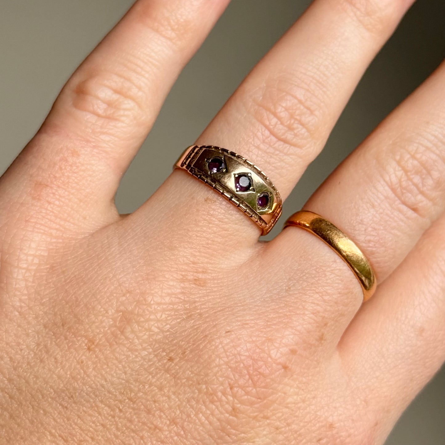 Victorian Amethyst Trilogy Ring in 9 Carat Gold; Circa 1896