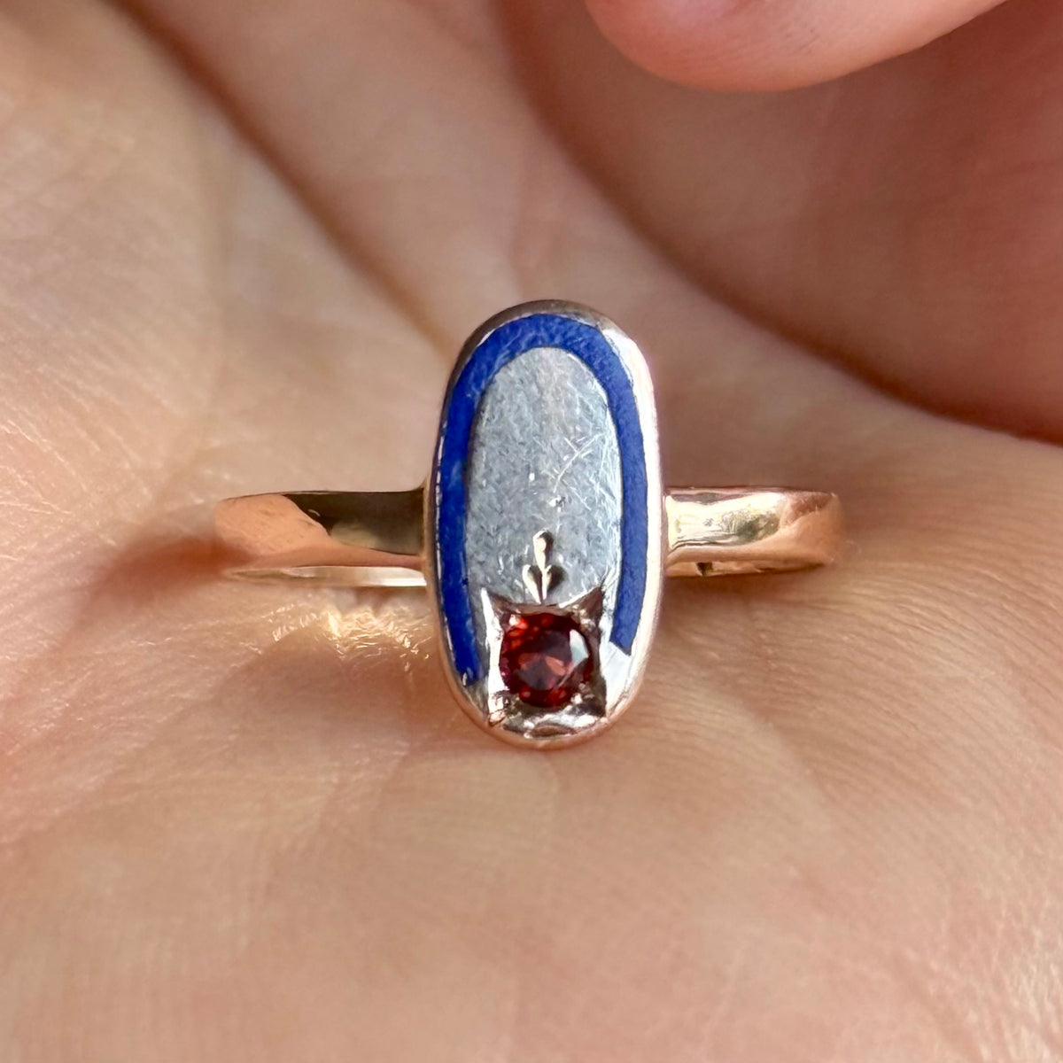 Antique Garnet & Enamel Ring in 9 Carat Gold; Circa 1910