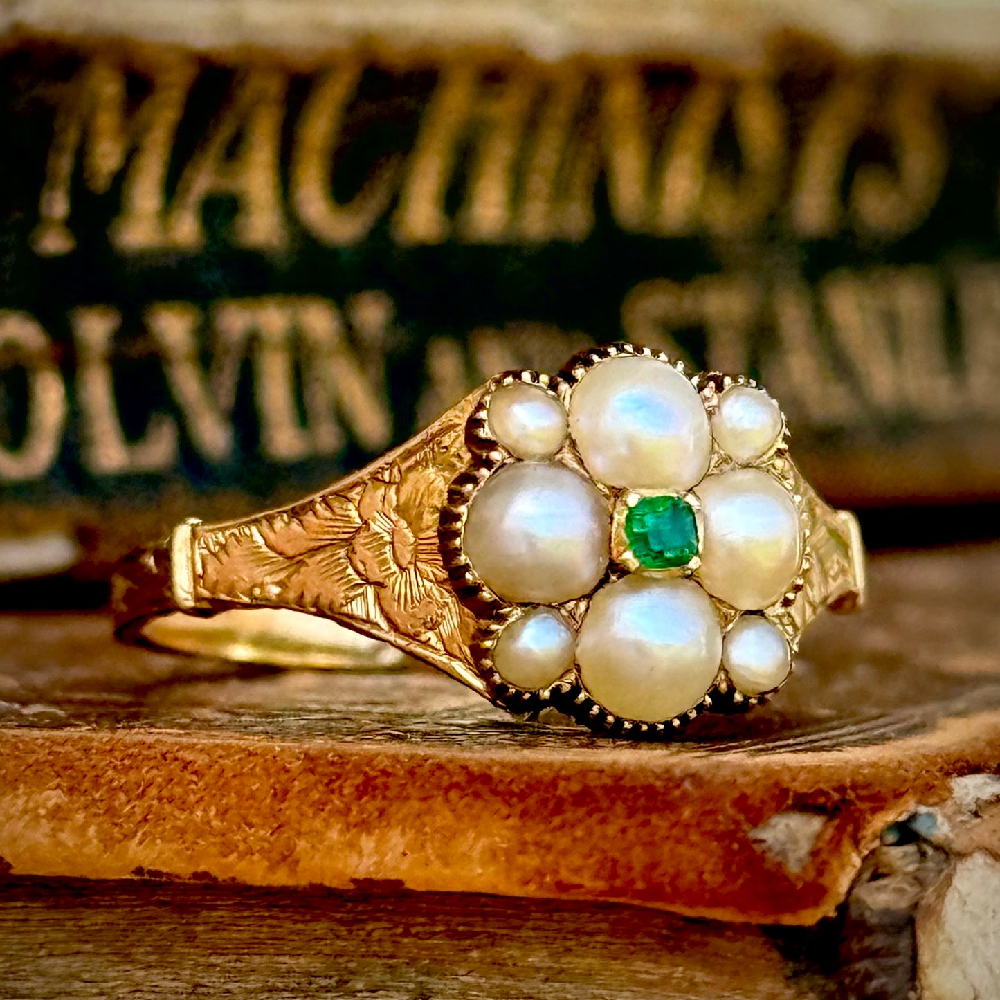 Georgian Emerald & Pearl Floral Ring in 18 Carat Gold