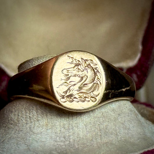 Vintage Unicorn Heraldic Signet Ring in 9 Carat Gold; Circa 1989