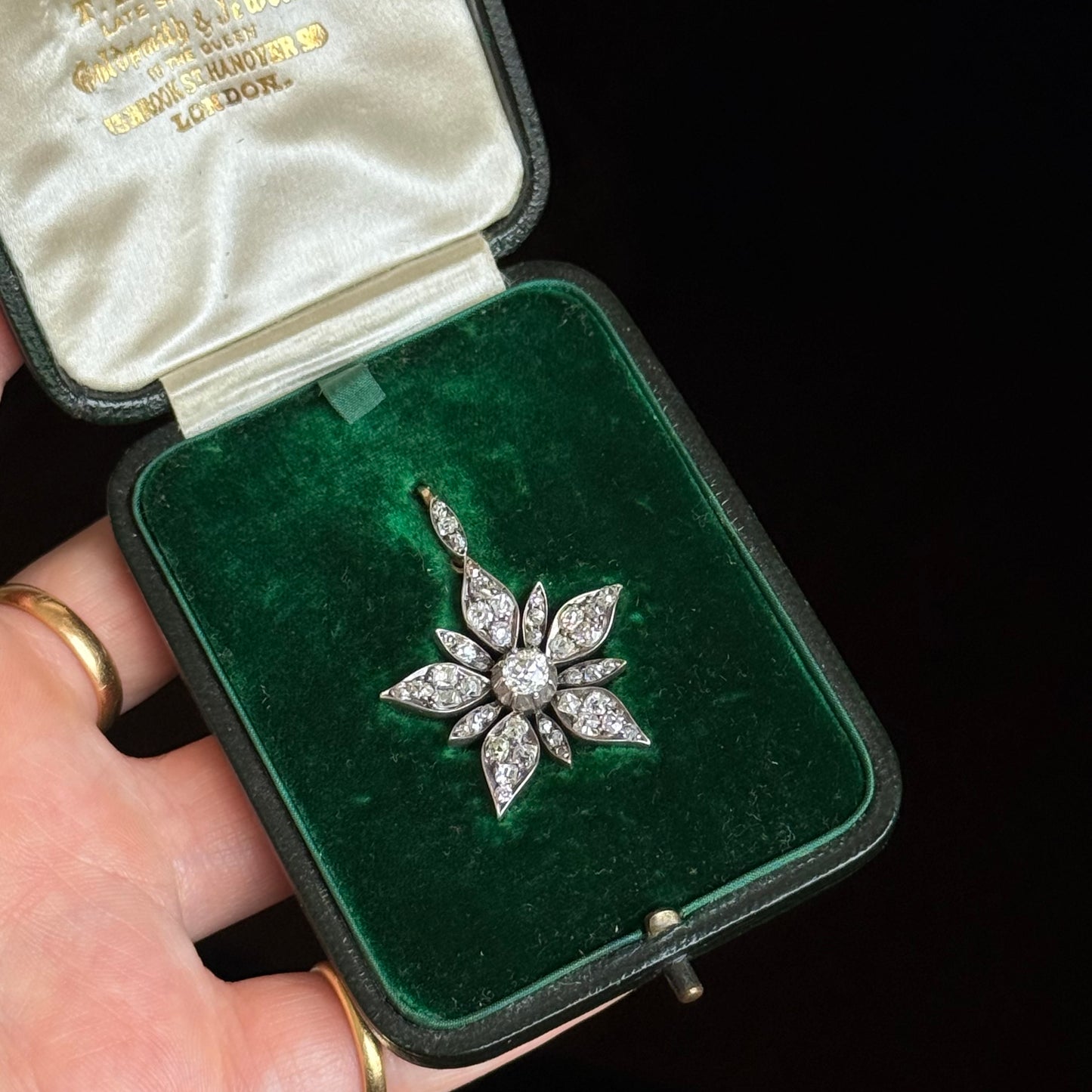 Antique Victorian Diamond Flowerhead Brooch Pendant in Original Box
