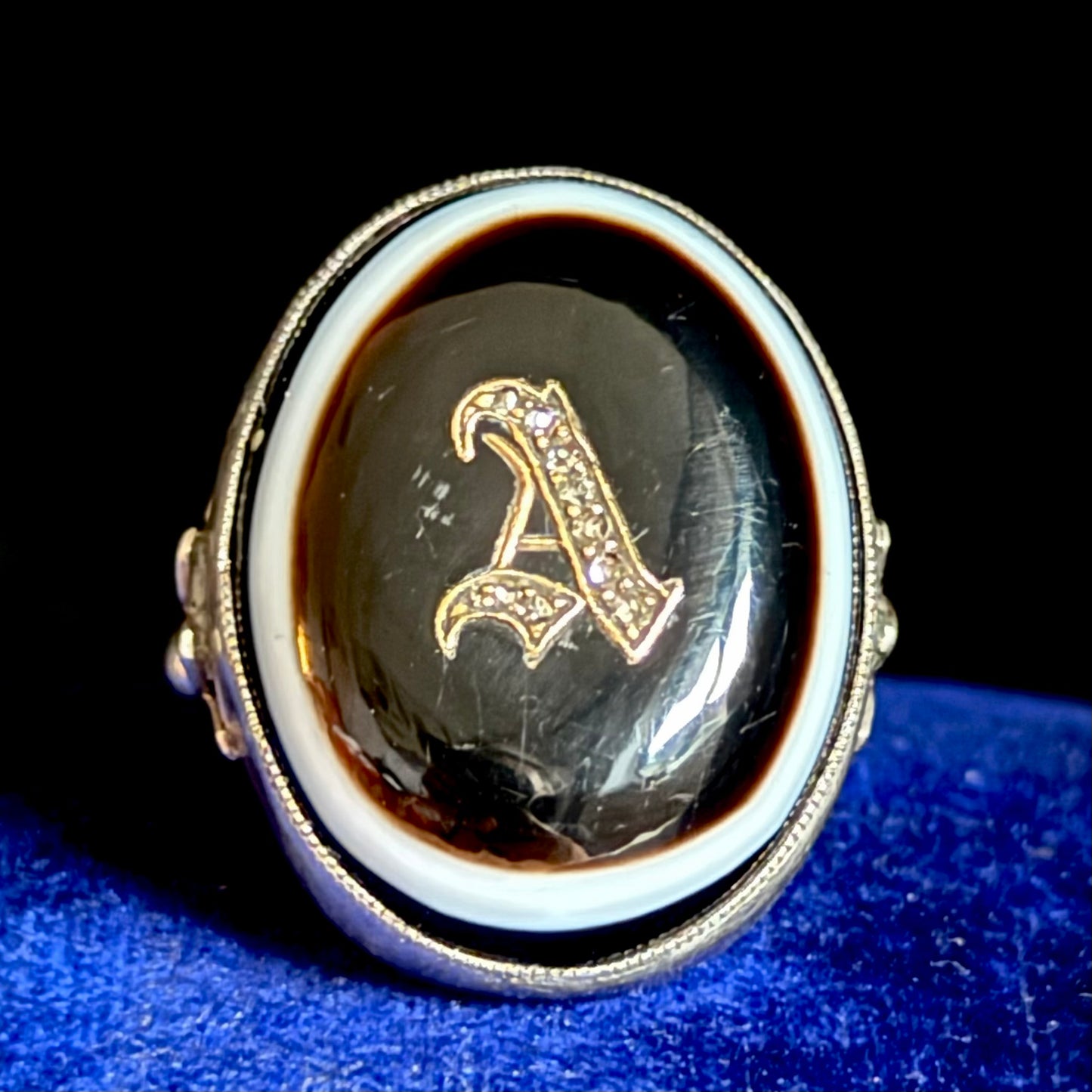Victorian Banded Agate Diamond 'A' Ring in Sterling Silver Circa 1880