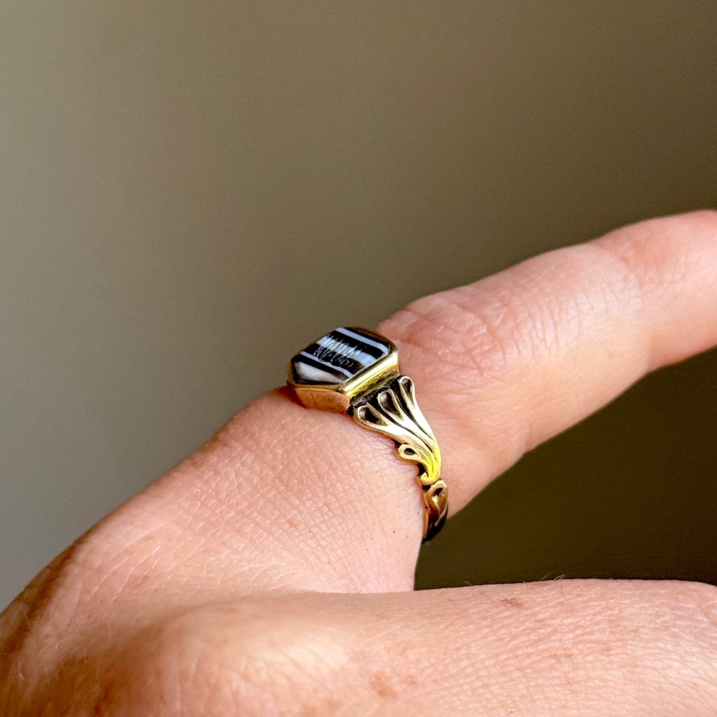 Antique Banded Agate Monogram Signet Ring