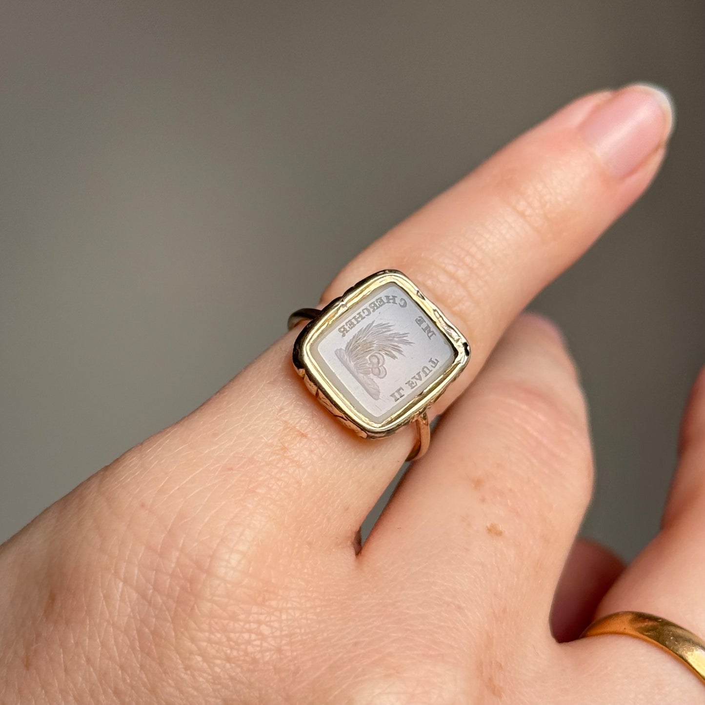 Antique French Lovers Intaglio Ring in 9 Carat Gold