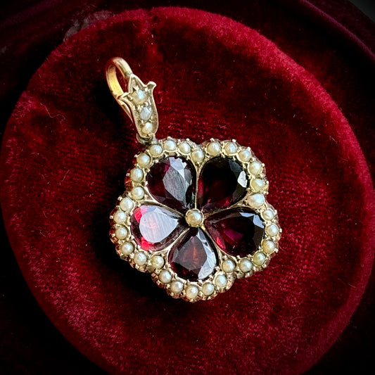 Antique Georgian Garnet Pansy Pendant in 9 Carat Gold