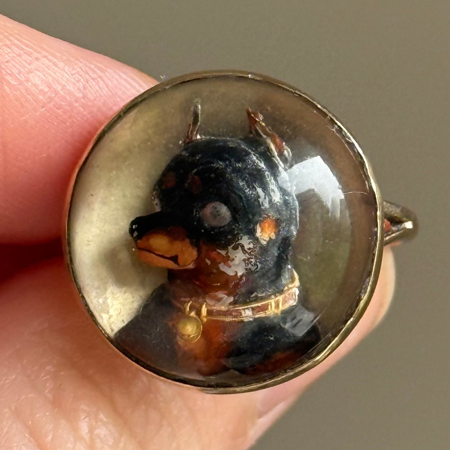 Antique Victorian Essex Crystal Reverse Painted Pinscher Dog Ring, circa 1880