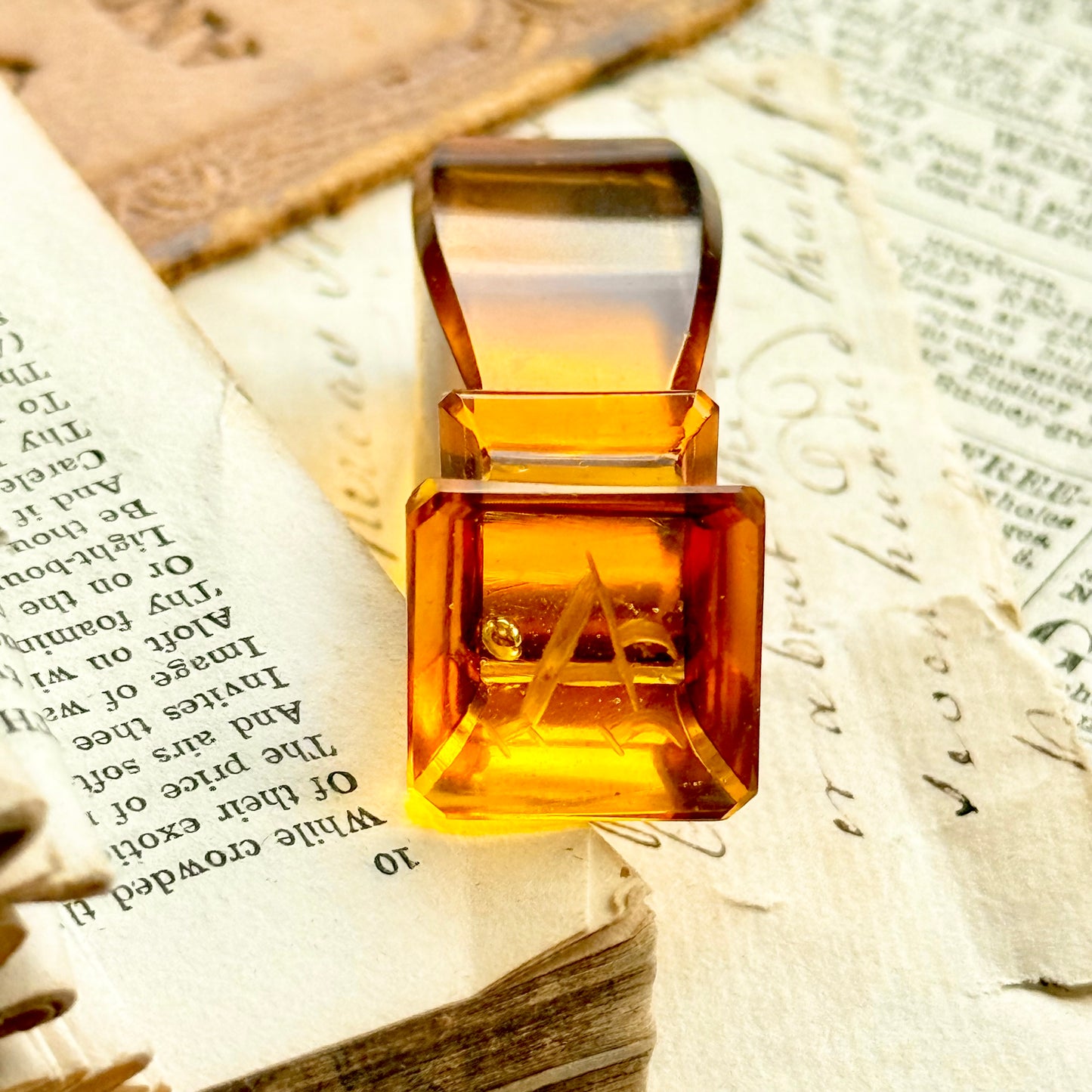 Antique Amber Glass Wax Seal Monogram 'A'