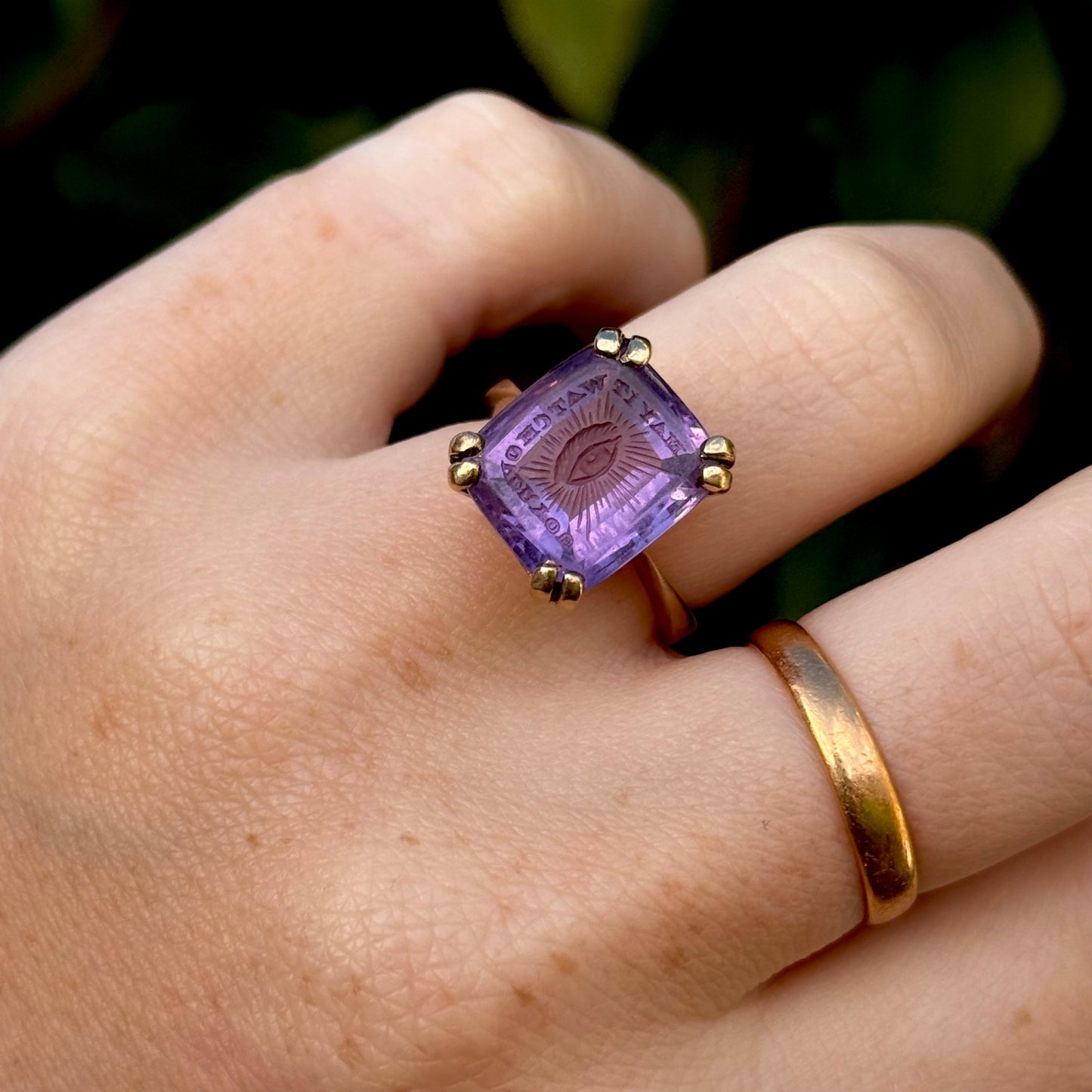 Vintage Amethyst Intaglio “May It Watch Over You” Ring in 9 Carat Gold