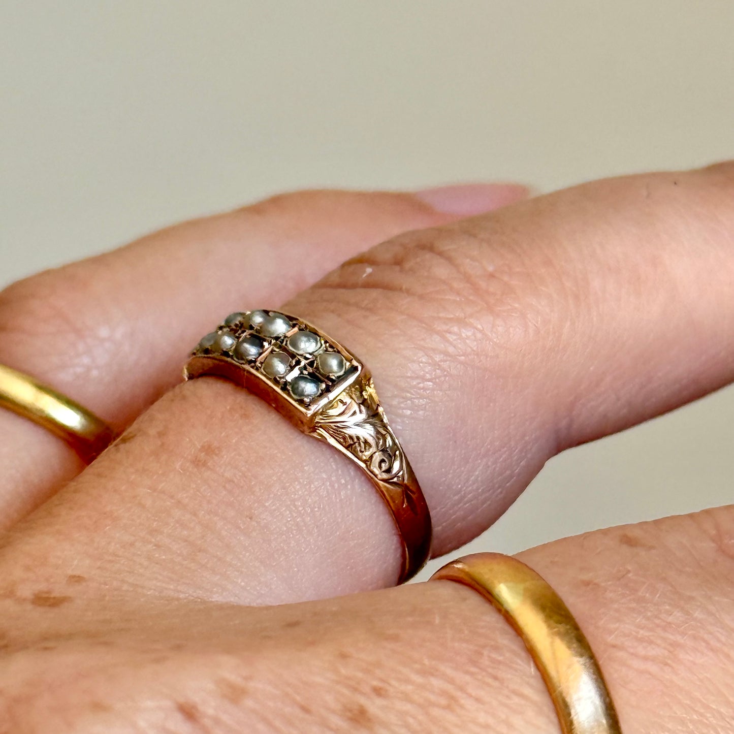Antique Victorian Pearl Double Row Ring; Circa 1890