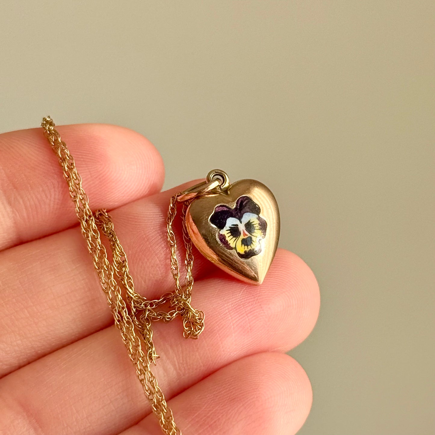 Exquisite Enamel Pansy Heart Pendant in 9 Carat Gold; Circa 1880