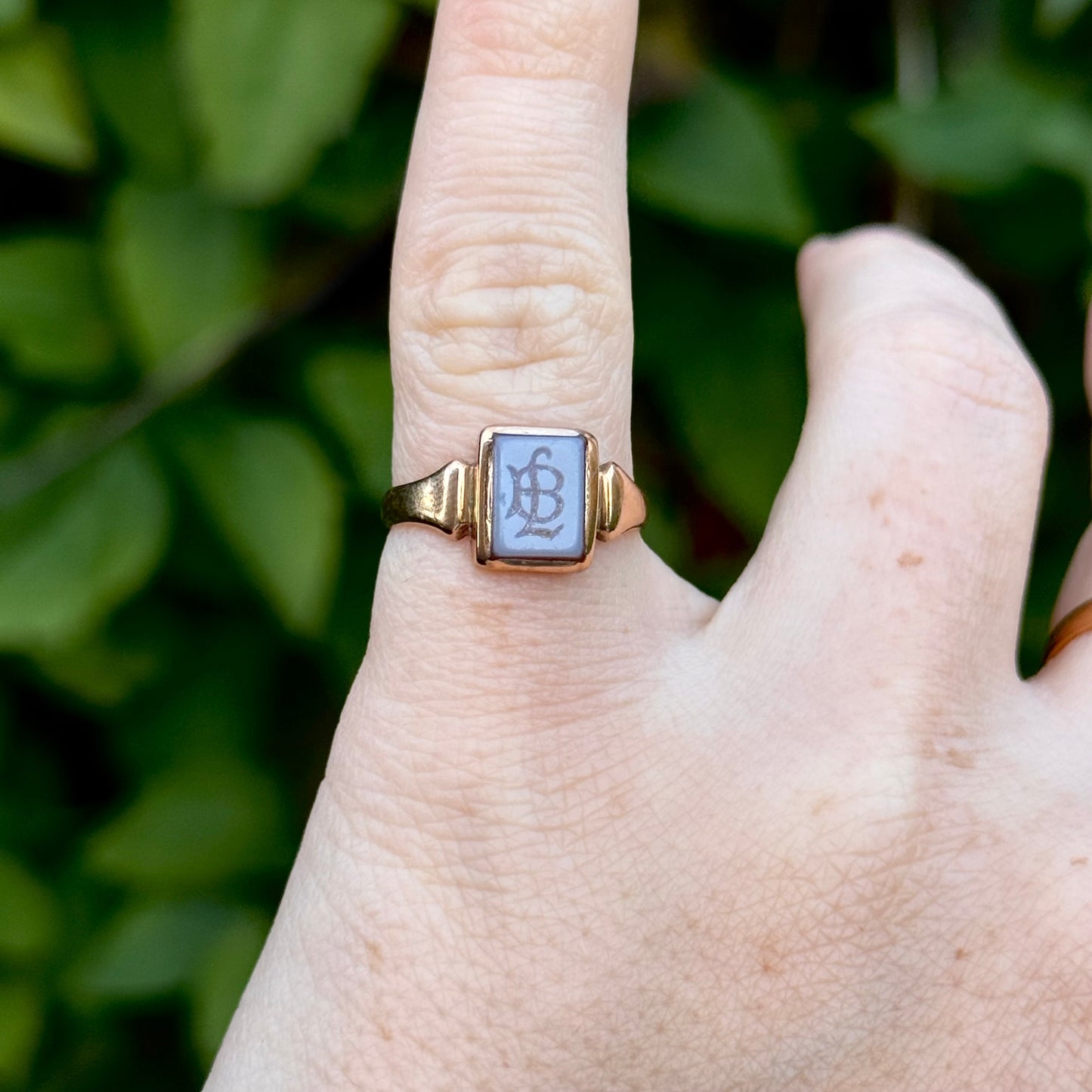 Sardonyx Monogram Signet Ring in 9 Carat Gold; Circa 1900