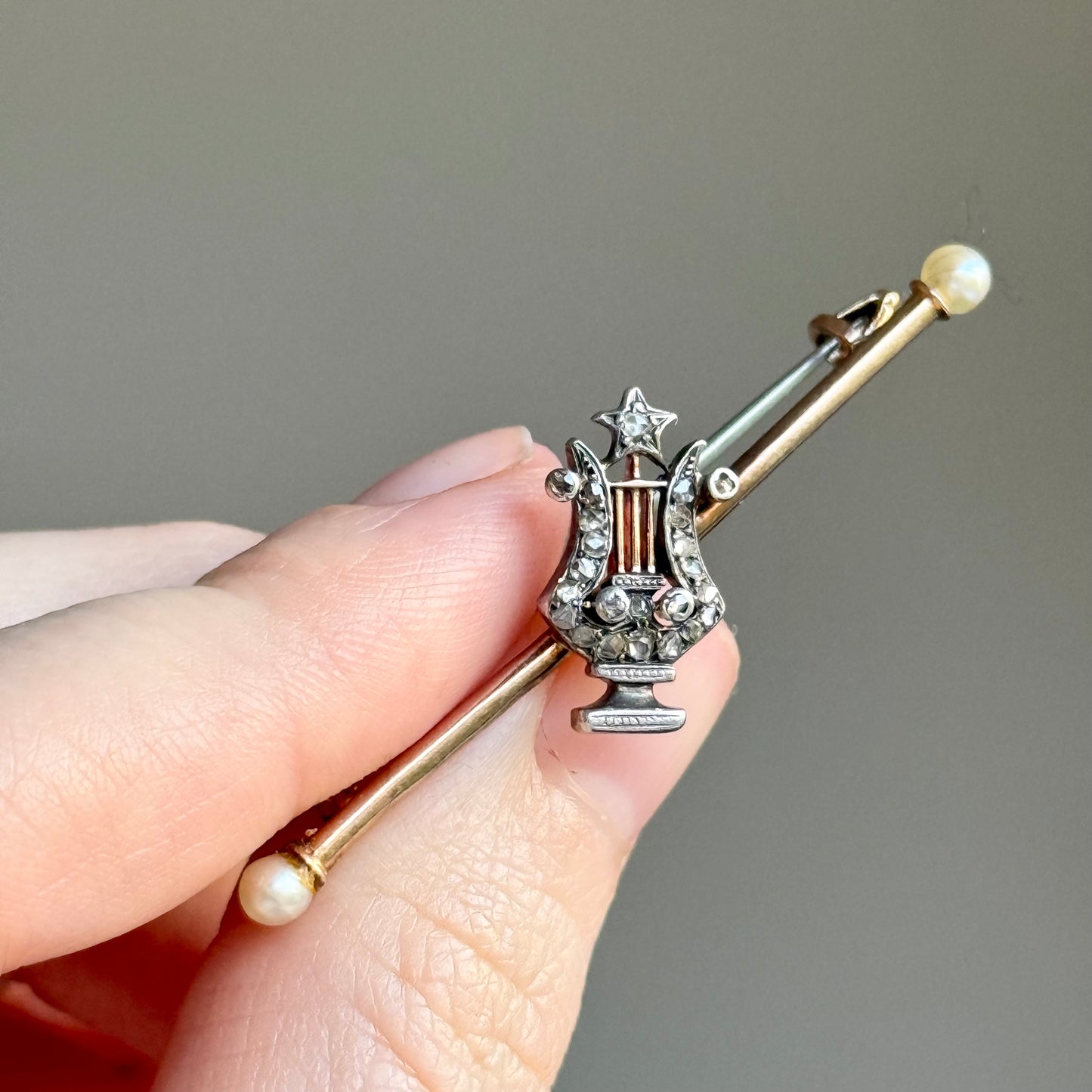 Antique Victorian Diamond & Pearl Lyre Brooch
