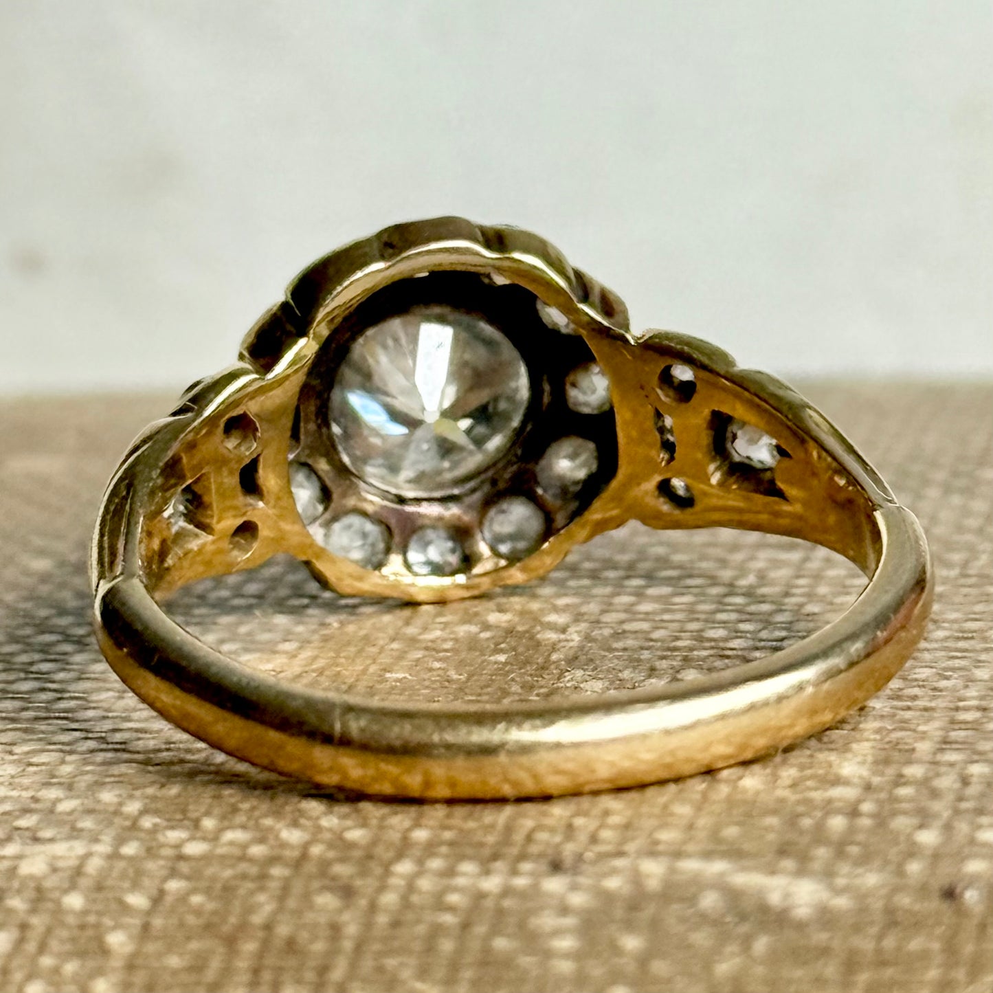Boxed Vintage Old Cut Diamond Cluster Ring in 18 Carat Gold