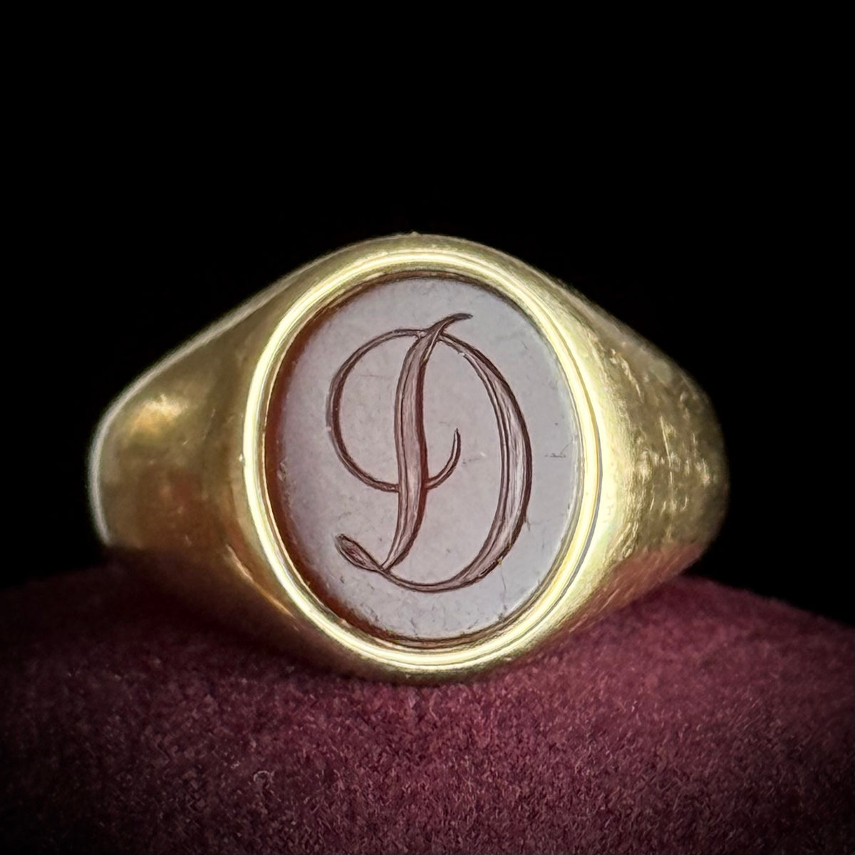 Vintage Carnelian 'D' Signet Ring 9 Carat gold; Circa 1947