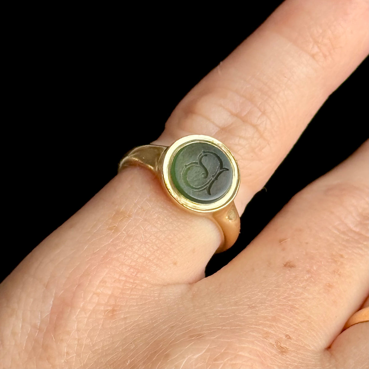 Antique Chalcedony 'B' Intaglio Ring in 18 Carat Gold; Circa 1880