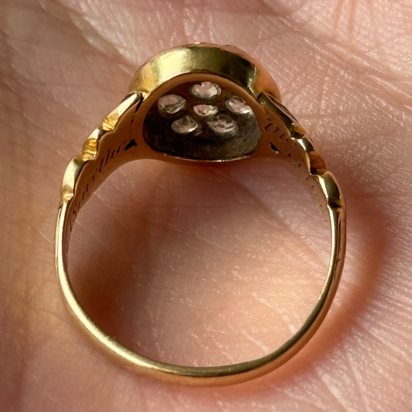 Antique Victorian Diamond Mourning Ring in 18 Carat Gold; Circa 1863