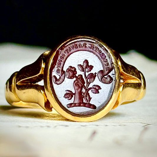 Victorian Carnelian Rose Intaglio Signet Ring; Circa 1891