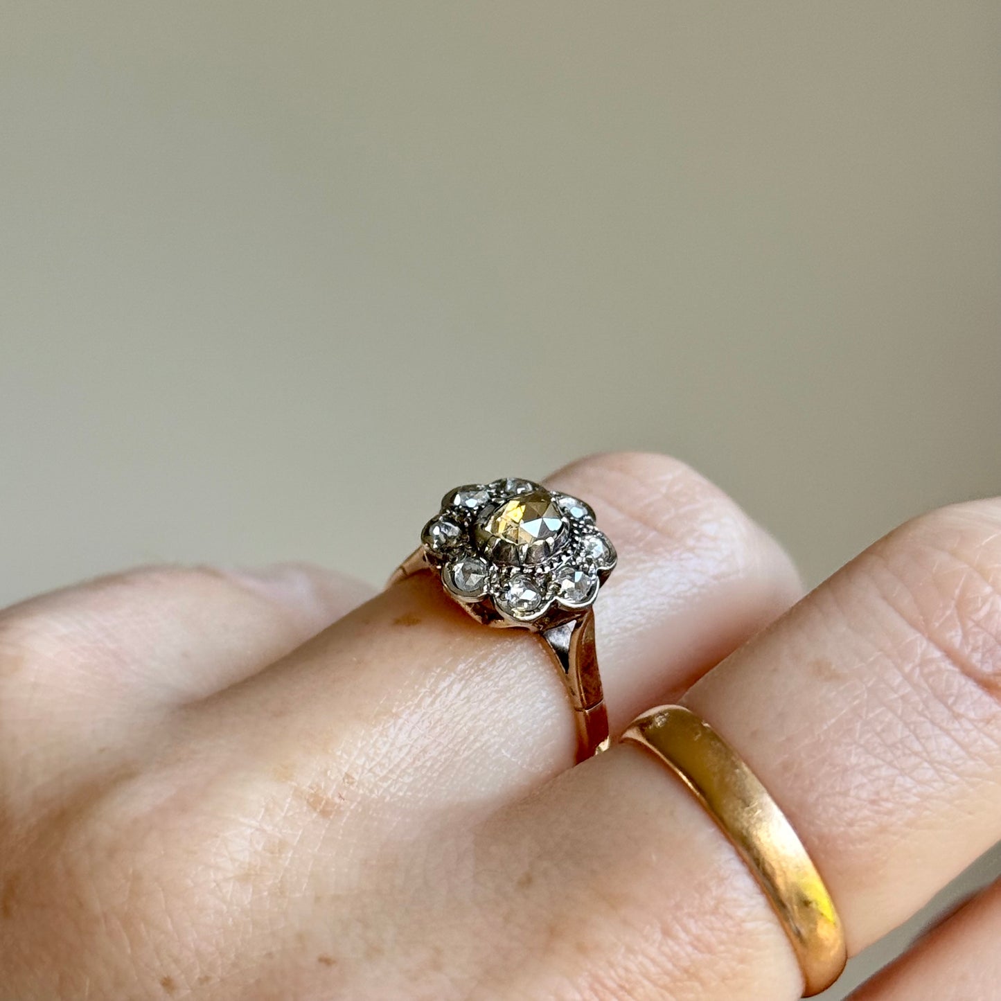 Antique Rose Cut Cluster Ring in 14 Carat Gold; Circa 1880