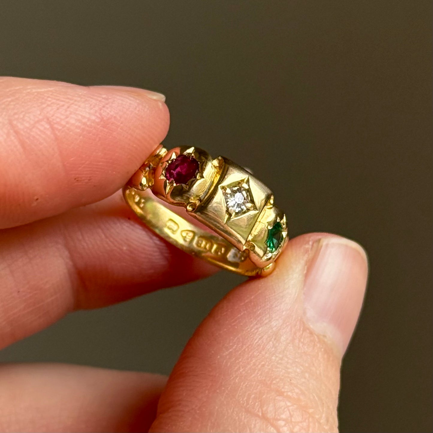 Antique Edwardian Diamond, Ruby & Emerald Ring in 18 Carat Gold
