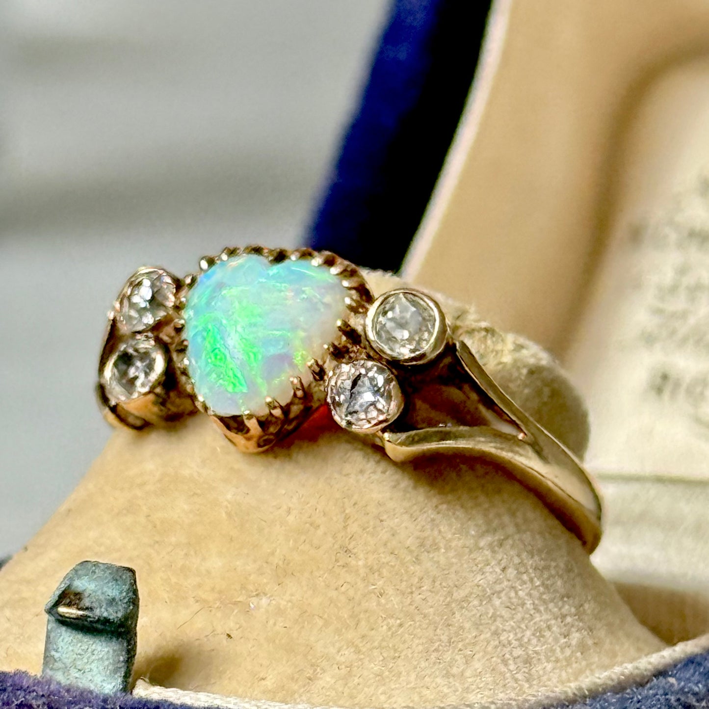 Antique Victorian Heart Opal Diamond Ring in 18 Carat Gold