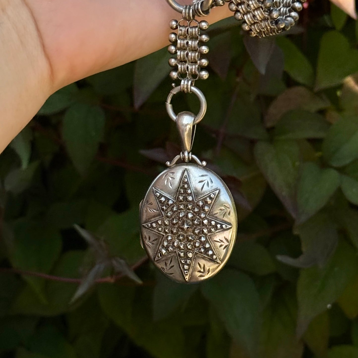 Antique Victorian Silver Locket Collar Necklace; Circa 1882