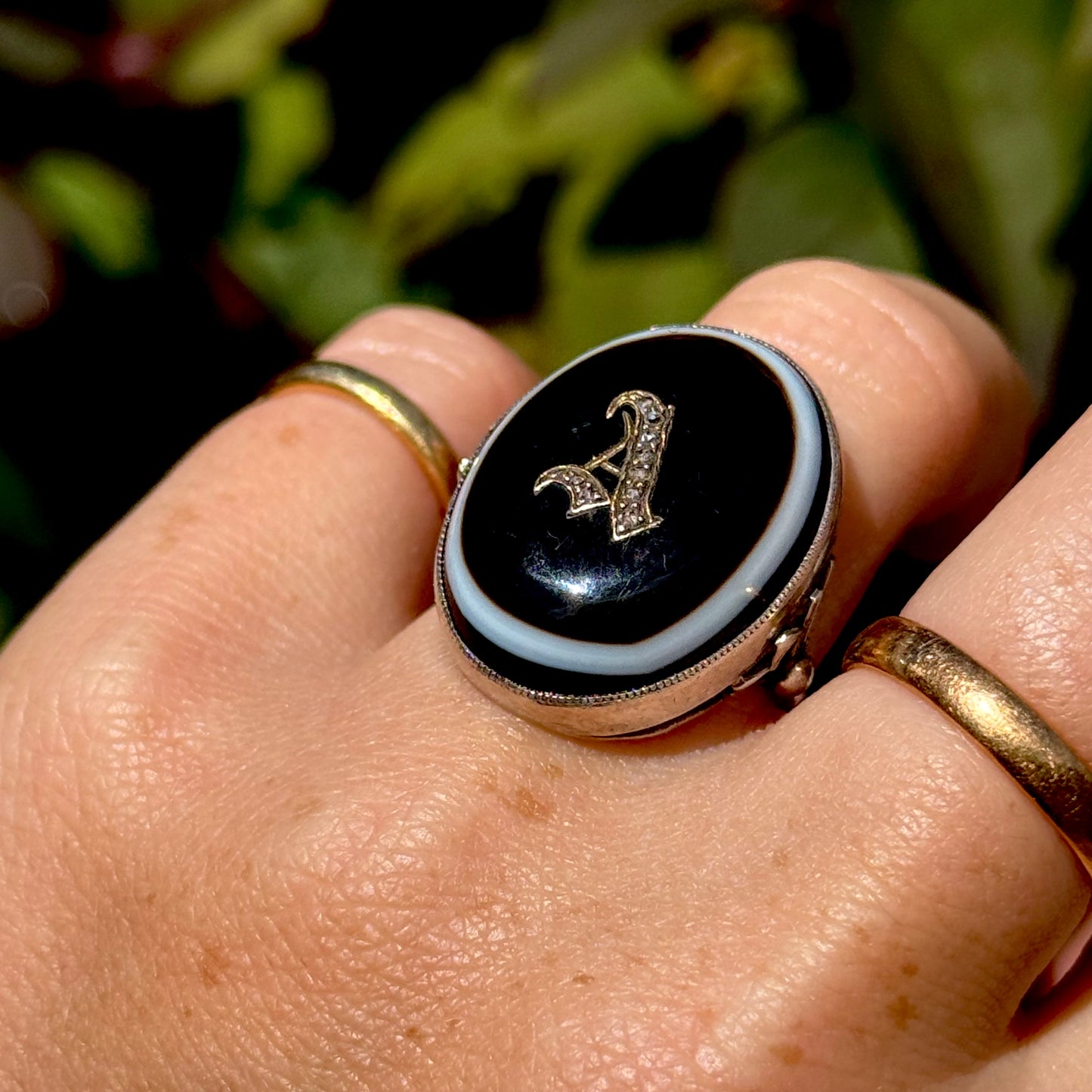 Victorian Banded Agate Diamond 'A' Ring in Sterling Silver Circa 1880
