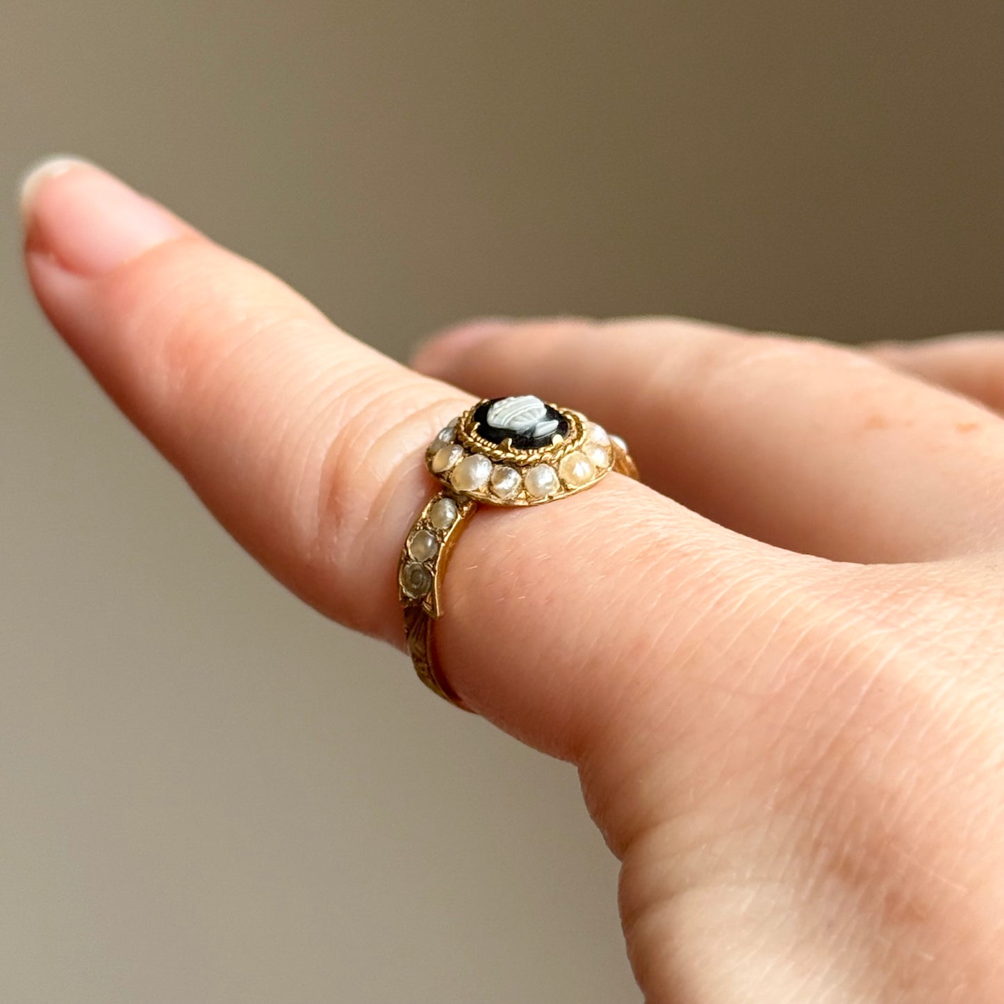 Antique Victorian Pearl Urn Mourning Ring in 15 Carat Gold