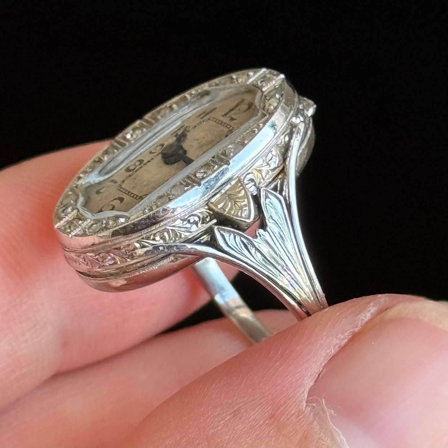 Antique Swiss Art Deco Diamond Watch Ring; Circa 1920