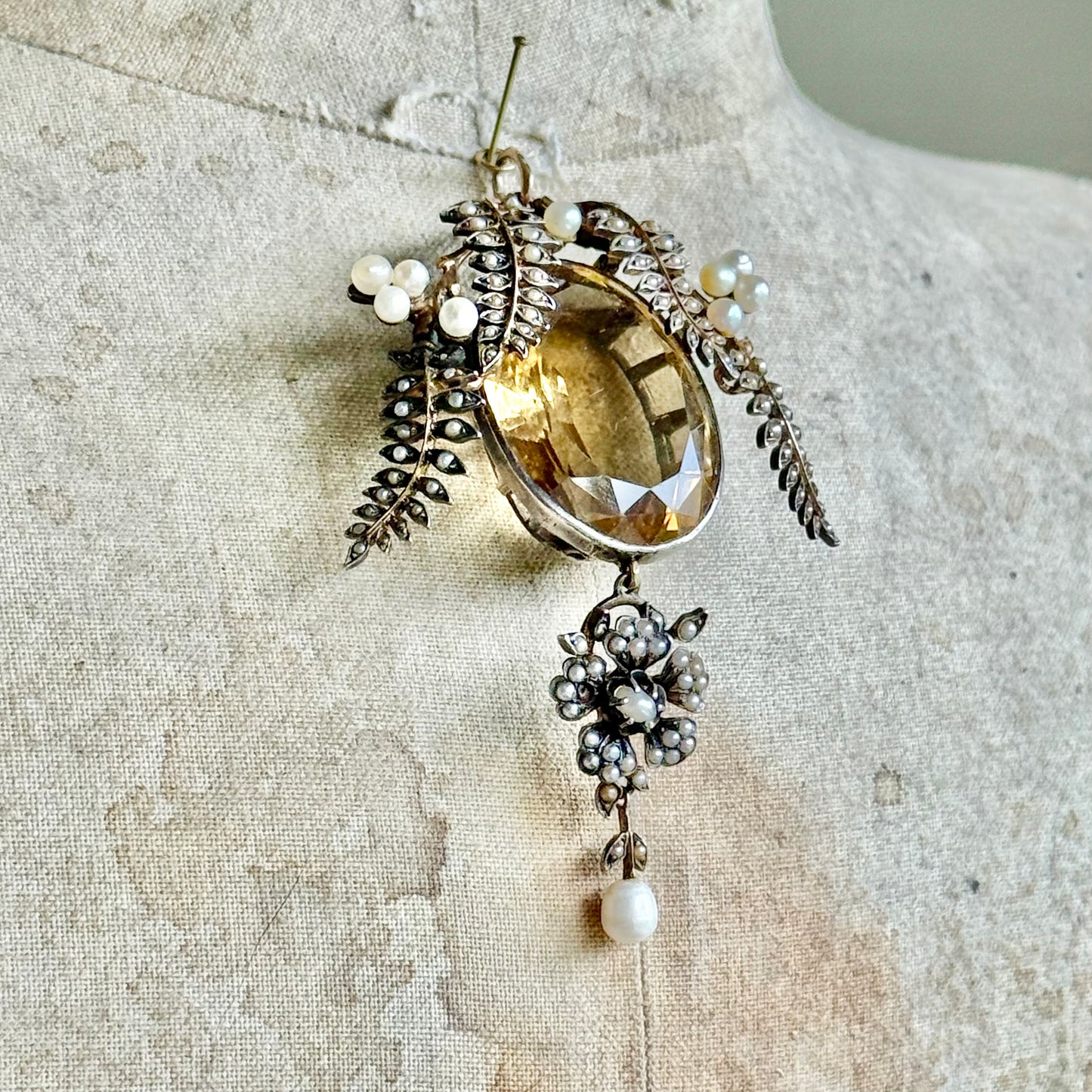 Antique Citrine & Pearl Pendant in Silver & Gold