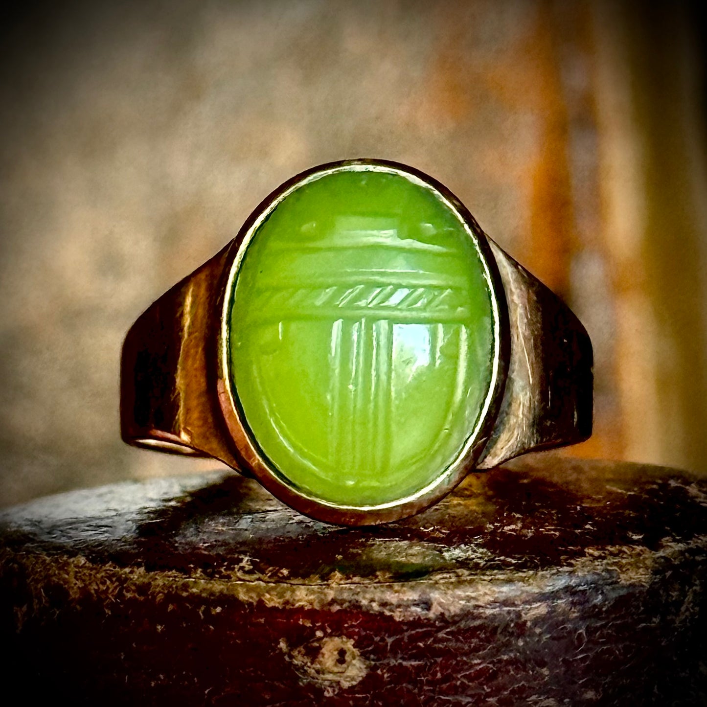 Antique Green Agate Scarab Ring in 9 Carat Gold