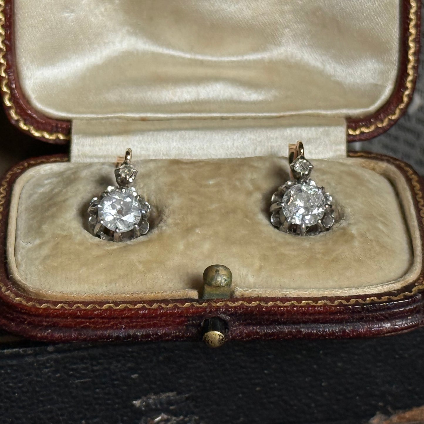 Antique French Diamond Earrings in 18 Carat Gold with Original Box