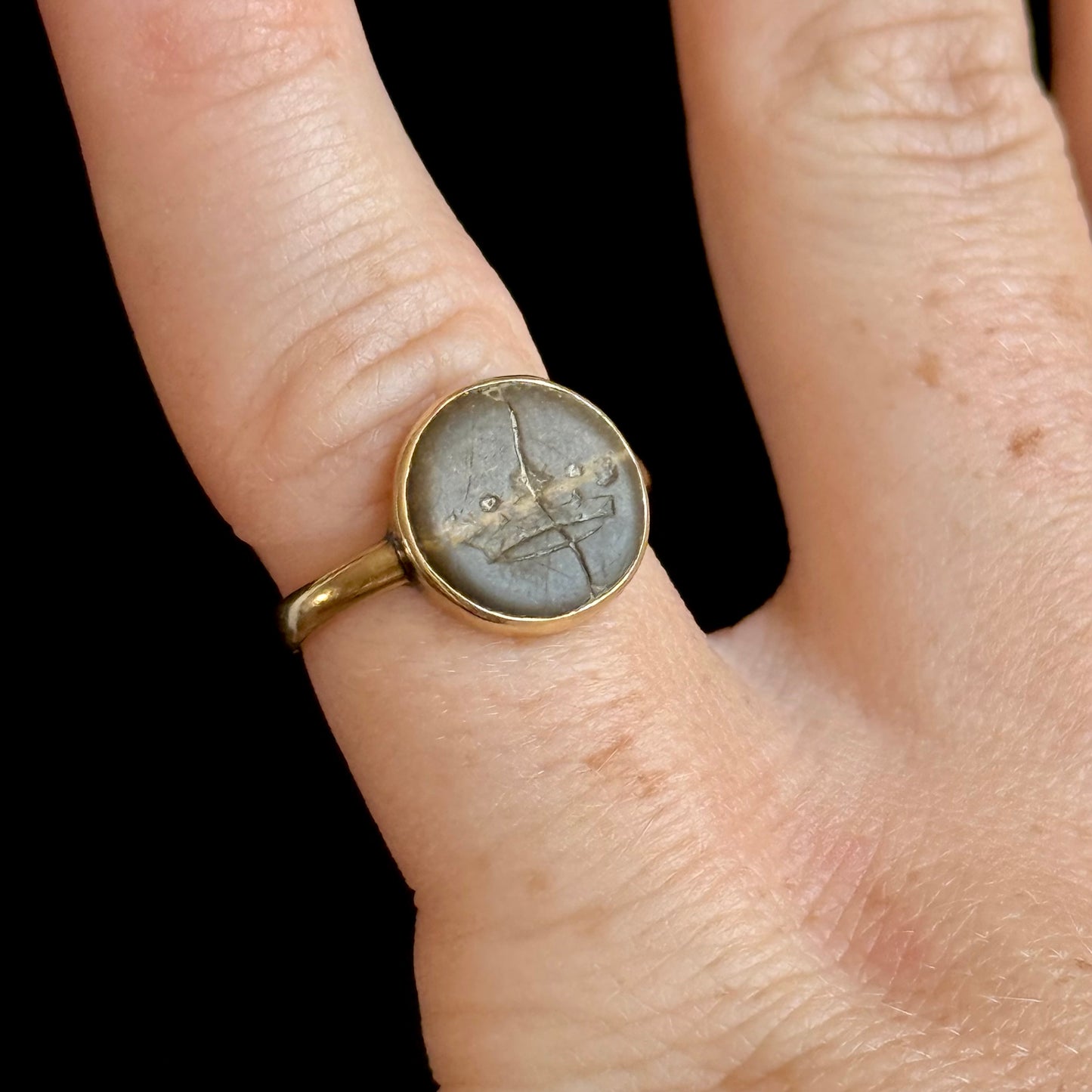 Antique Curio Intaglio Crown Ring; Circa 1920