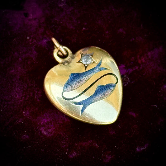 Vintage Pisces Enamel & Diamond Puffy Heart Pendant