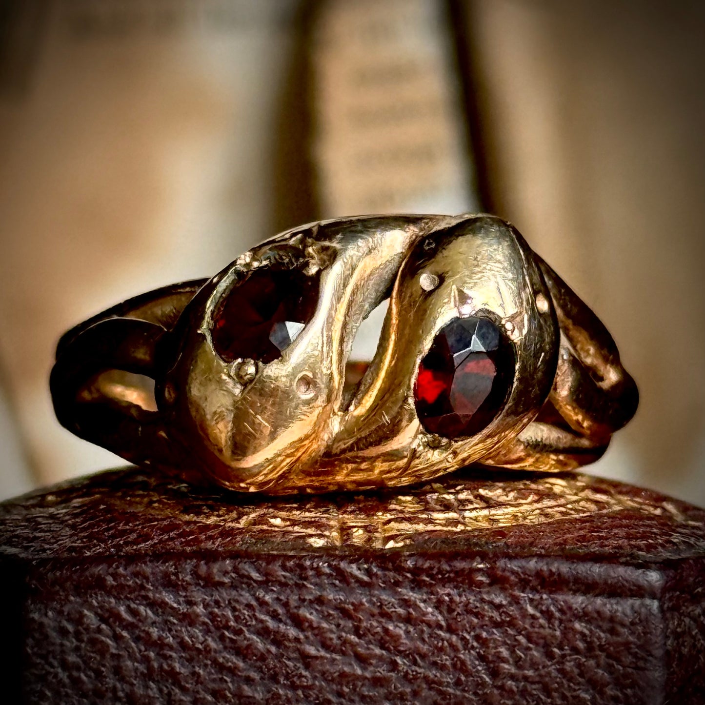 Vintage Garnet Double Snake Ring in 9 Carat Gold