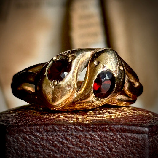 Vintage Garnet Double Snake Ring in 9 Carat Gold