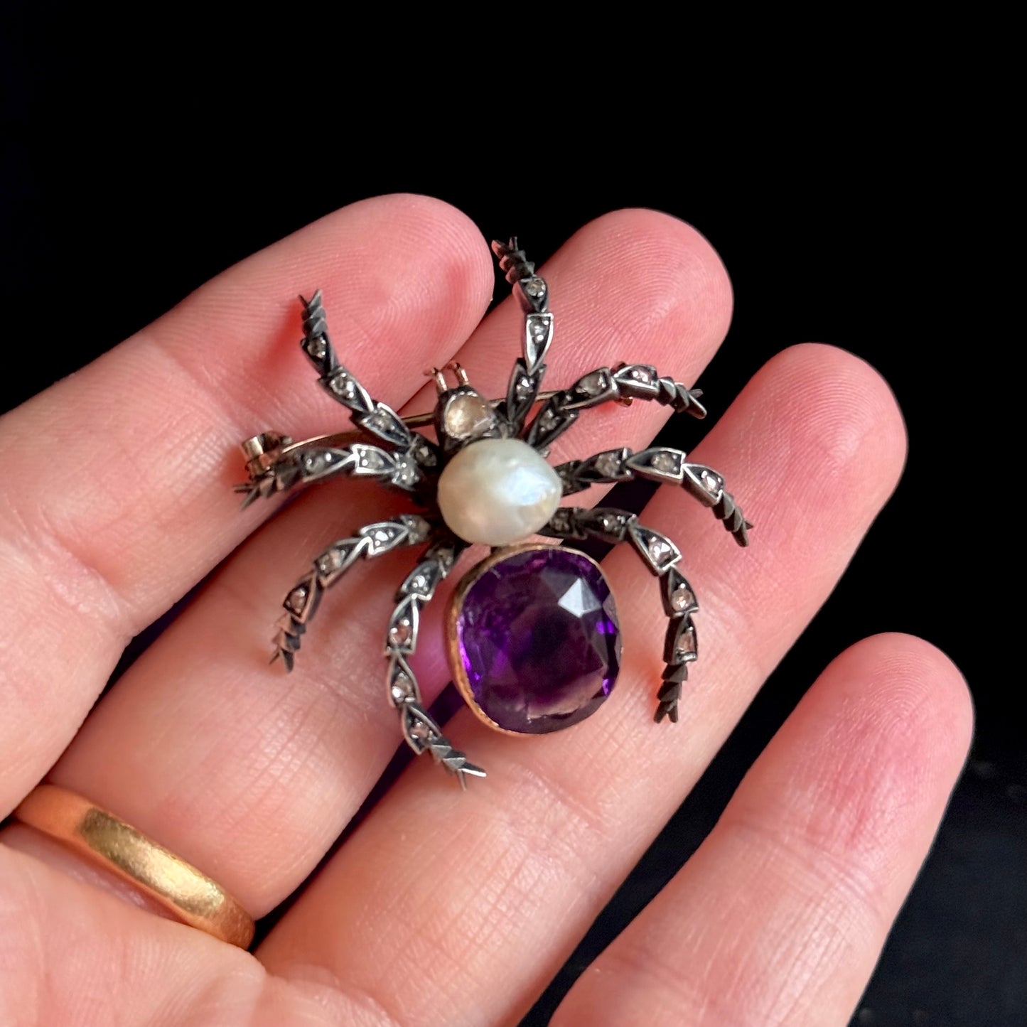 Victorian Diamond, Amethyst & Pearl Spider Brooch; Circa 1890