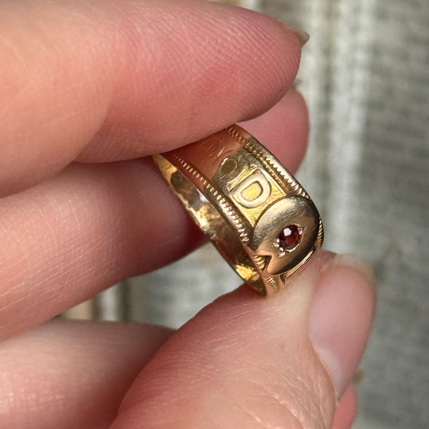 Antique Victorian Good Luck Garnet Ring in 18 Carat Gold; Circa 1855