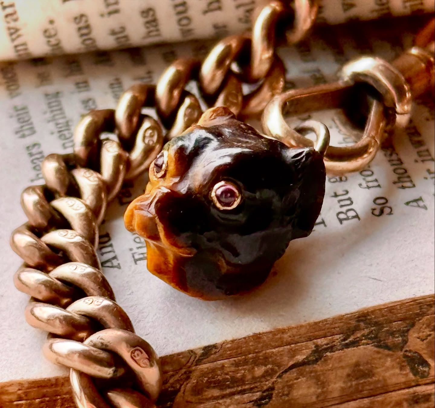 Antique Carved Tiger's Eye Pug Pendant With Ruby Eye's