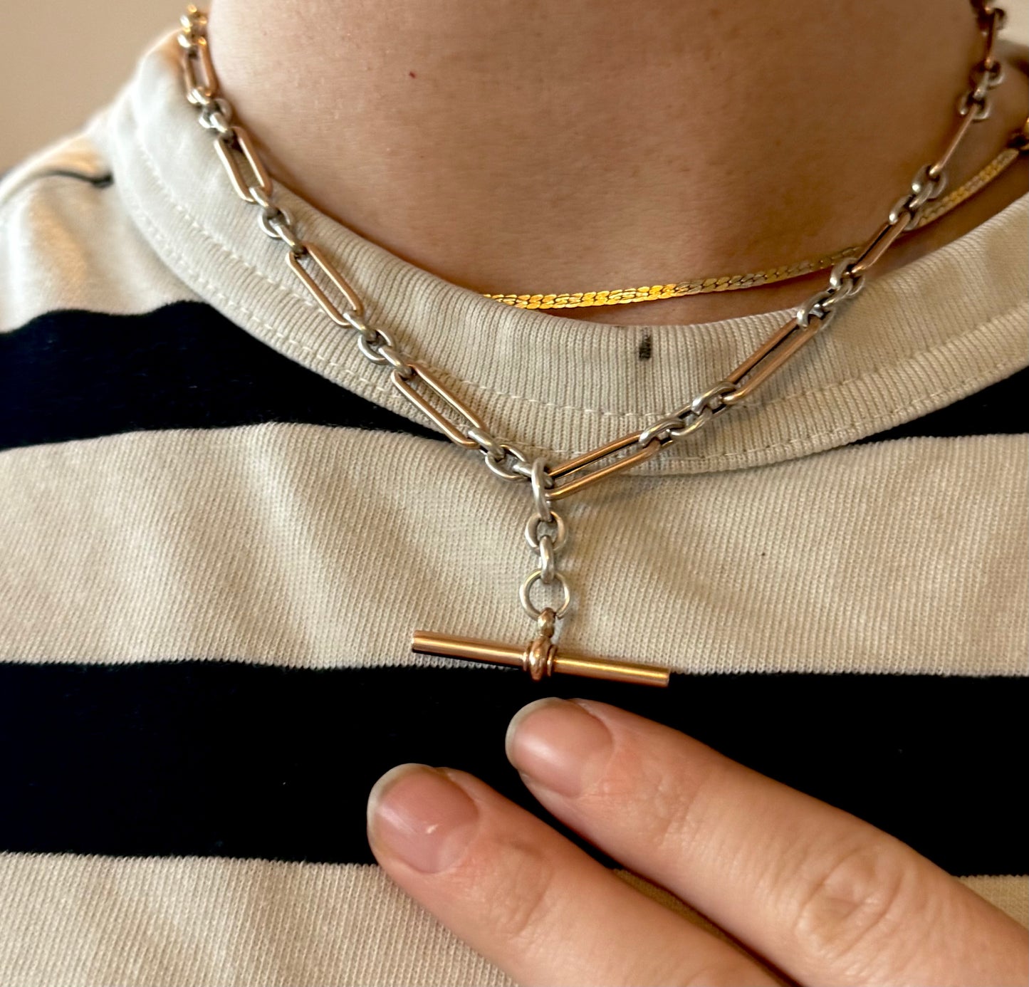 Antique Trombone Rose Gold & Silver Albert Chain; Circa 1880