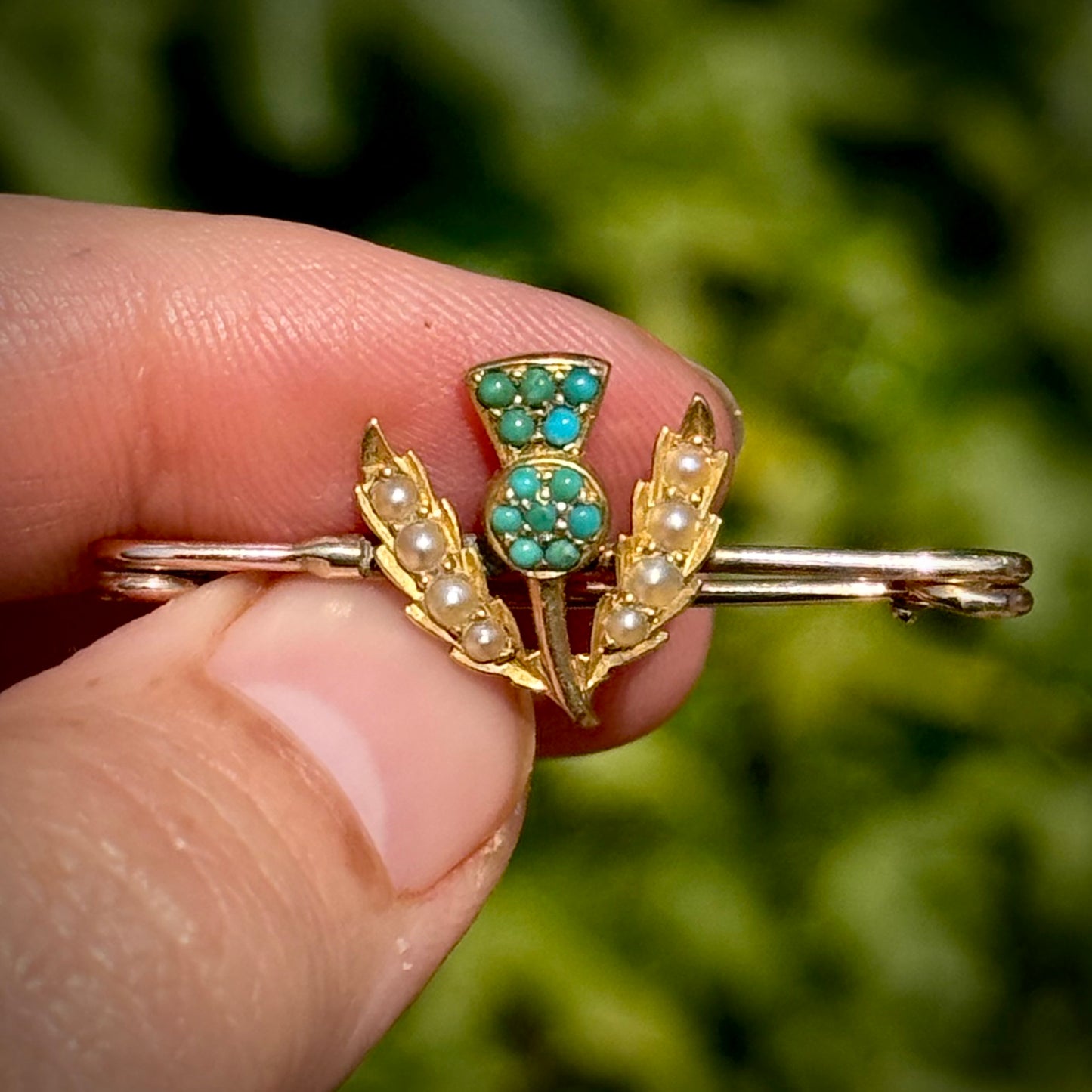Antique Thistle Pearl & Turquoise 9 Carat Gold Brooch
